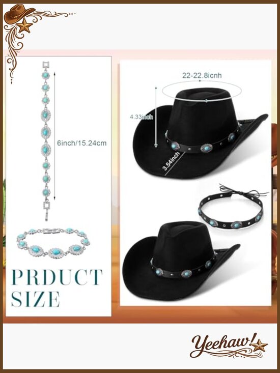Western Cowboy Hat Set with Silver Jewelry and Turquoise Belt, Adjustable Fit main image 7
